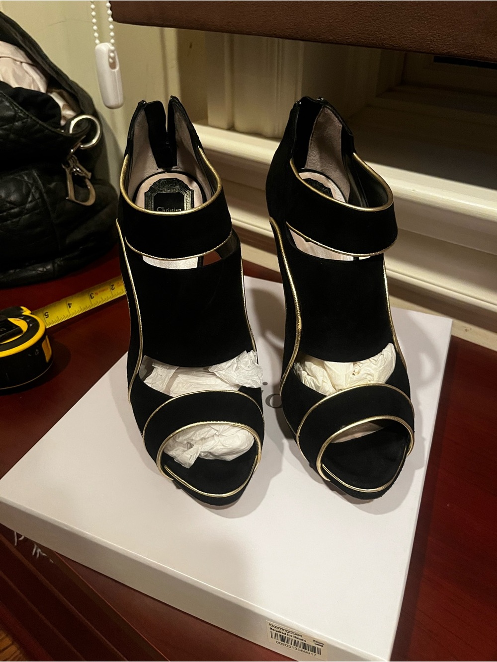 Christian Dior Black Suede Wave Cut- Out Peep-Toe Heels with Gold Trim sz 39.